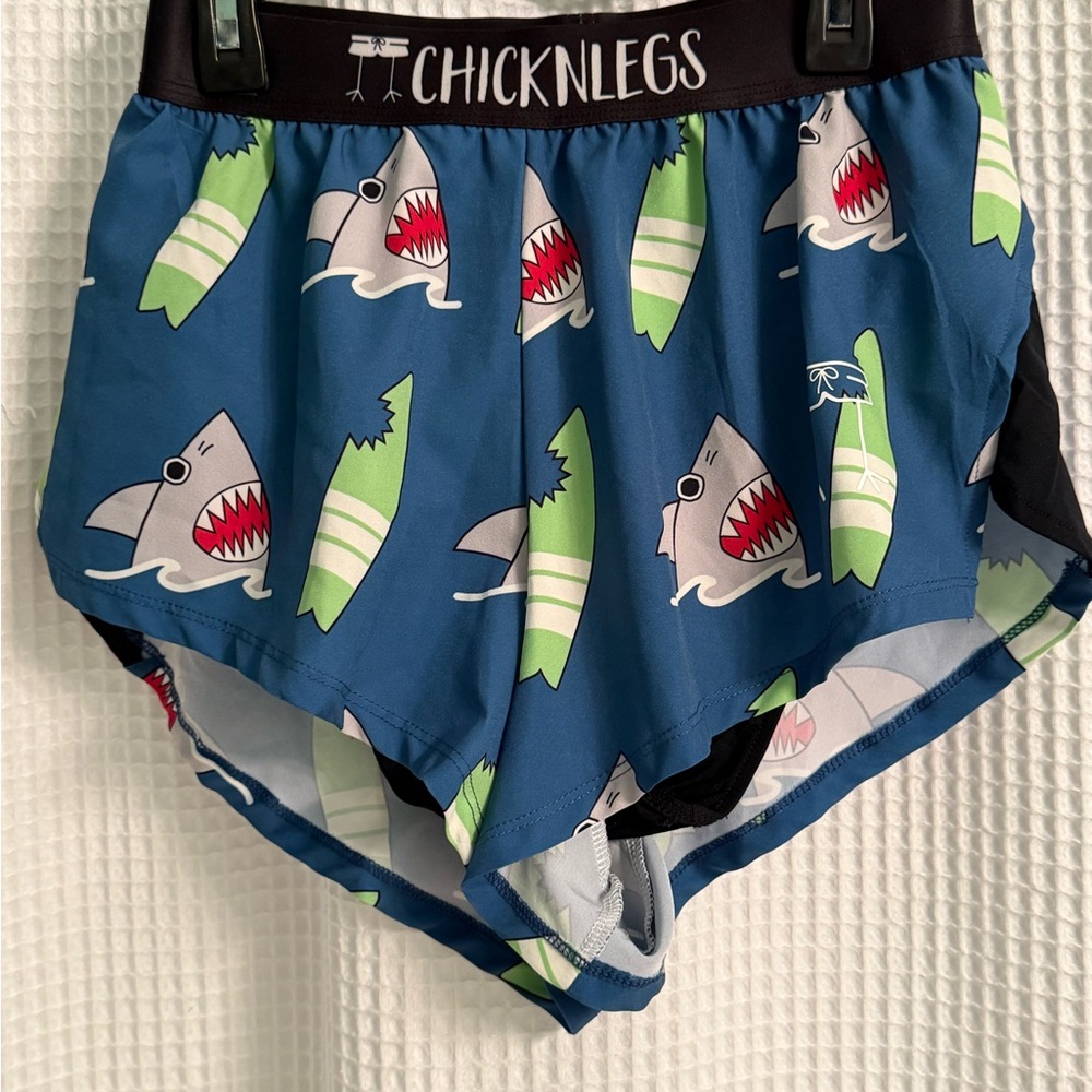 NWOT XS ChicknLegs Blue Shark & Surfboard Active Shorts